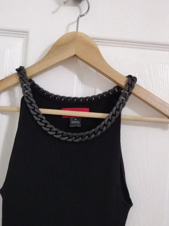 Carina Black Chain Strap Halter Tank Top Stretch Knit Size Medium Sleek Minimali - Picture 3 of 7